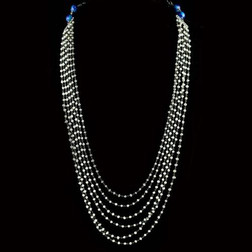 OXIDIZED SILVER BLUE POTTERY AND PEARL BEADS NECKLACE