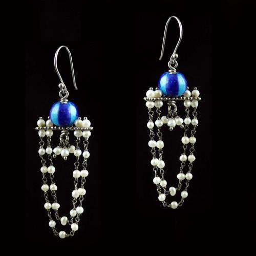 STERLING SILVER BLUE POTTERY AND PEARL BEADS EARRINGS