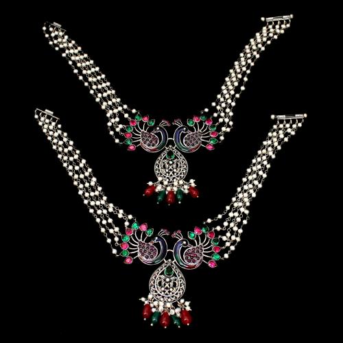 OXIDIZED SILVER PEACOCK RED AND GREEN CORUNDUM WITH PEARL BEADS ANKLETS
