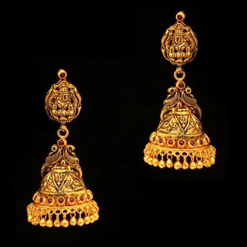 GOLD PLATED LAKSHMI RED AND GREEN JHUMKAS EARRINGS