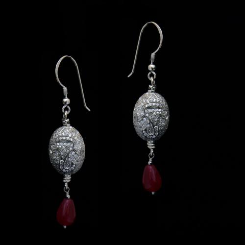 STERLING SILVER CZ AND RED PEARL BEAD EARRINGS