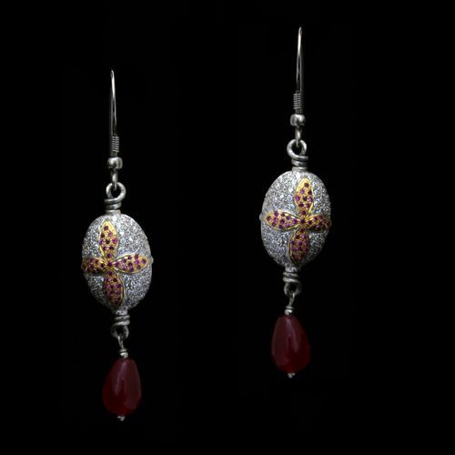 STERLING SILVER CZ AND RED PEARL BEAD EARRINGS