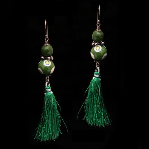 BLUE POTTERY BEADS HANGING EARRINGS