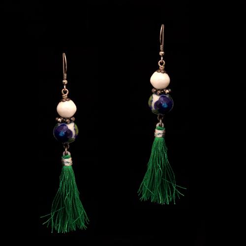 BLUE POTTERY BEADS HANGING EARRINGS