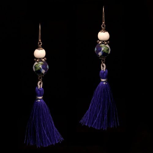 BLUE POTTERY BEADS HANGING EARRINGS