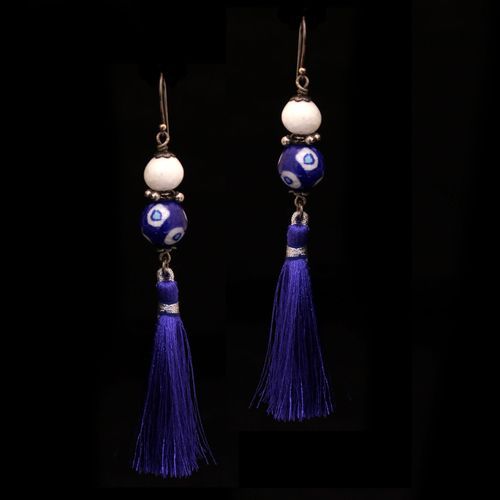 BLUE POTTERY BEADS HANGING EARRINGS