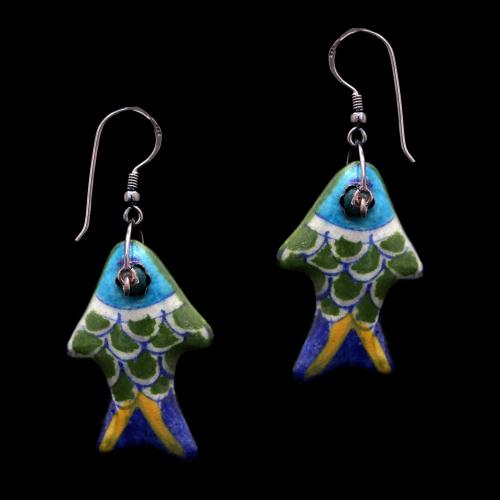 BLUE POTTERY FISH DESIGN HANGING EARRINGS