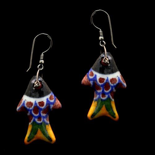 BLUE POTTERY FISH DESIGN HANGING EARRINGS