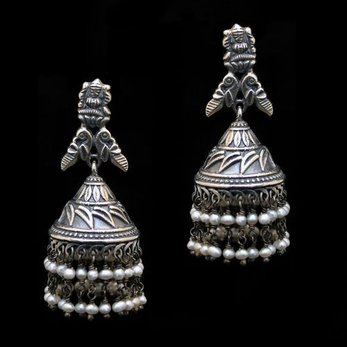 OXIDIZED SILVER PEARL BEADS JHUMKAS