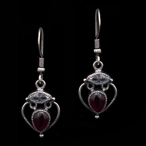 STERLING SILVER CZ AND RED PEAR HANGING EARRINGS
