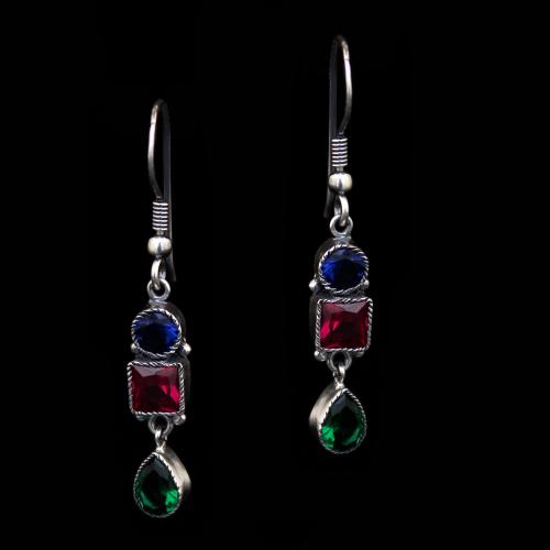 STERLING SILVER BLUE HYDRO WITH RED AND GREEN PEAR HANGING EARRINGS