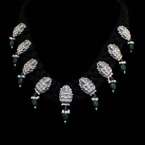 OXIDIZED SILVER GREEN CORUNDUM AND PEARL BEADS LAKSHMI THREAD NECKLACE