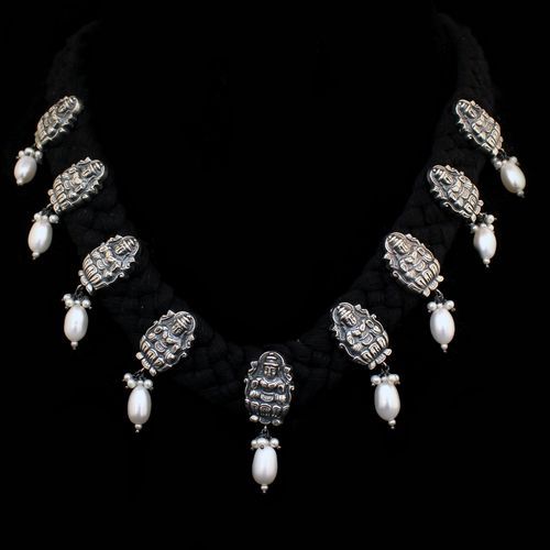 OXIDIZED SILVER PEARL BEADS LAKSHMI THREAD NECKLACE