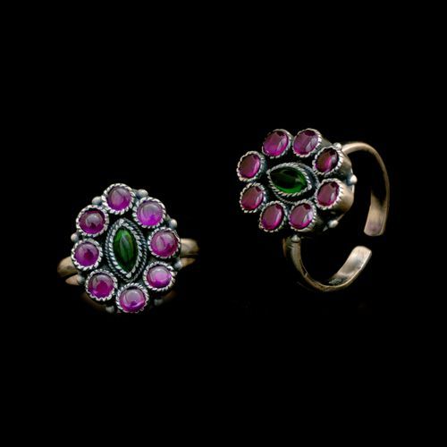 OXIDIZED SILVER RED AND GREEN CORUNDUM TOE RINGS
