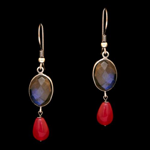 STERLING SILVER LABRODRITE AND RED PEAR BEAD EARRINGS