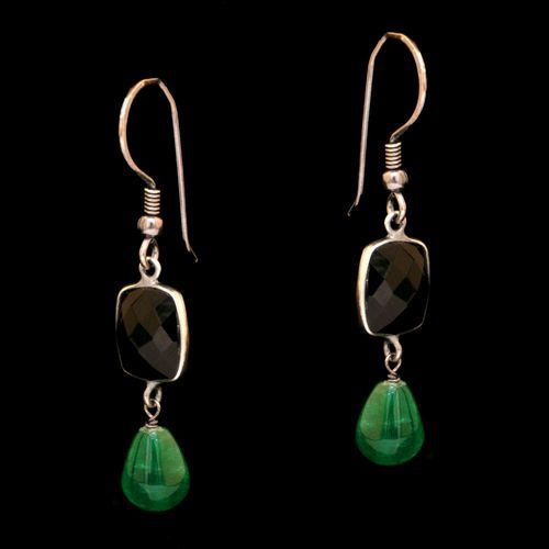 STERLING SILVER BLACK ONYX AND GREEN PEAR BEAD EARRINGS