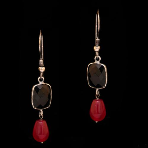 STERLING SILVER BLACK ONYX AND RED PEAR BEAD EARRINGS
