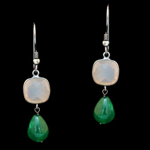 STERLING SILVER SMOKY CHALCY AND GREEN PEAR BEAD EARRINGS