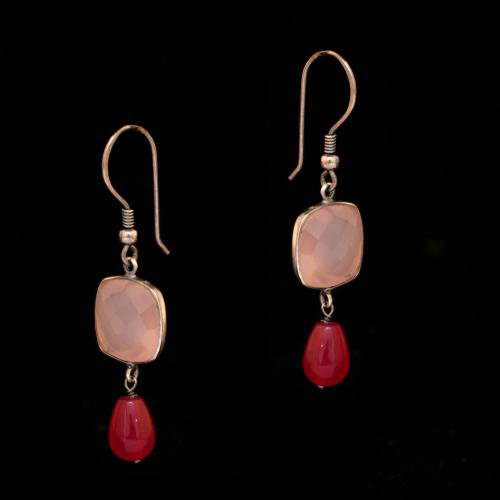 STERLING SILVER SMOKY CHALCY AND RED PEAR BEAD EARRINGS