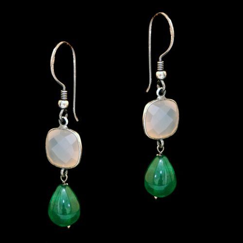 STERLING SILVER PINK CHALCY AND GREEN PEAR BEAD EARRINGS
