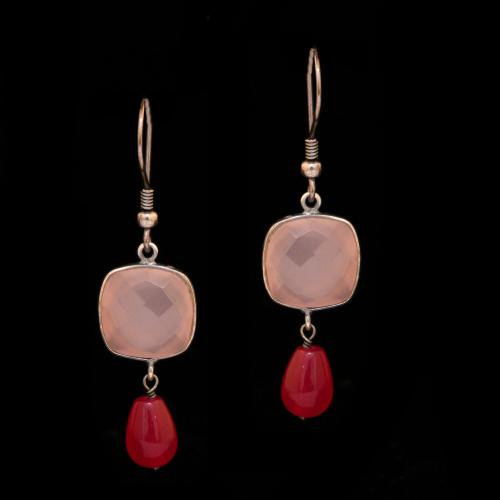 STERLING SILVER PINK CHALCY AND RED PEAR BEAD EARRINGS