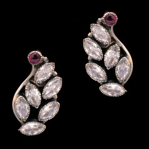 OXIDIZED SILVER CZ AND RED PEAR BEAD EARRINGS