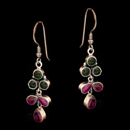 STERLING SILVER RED AND GREEN CORUNDUM EARRINGS