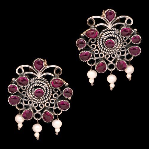 OXIDIZED SILVER RED PEAR AND PEARL BEADS EARRINGS