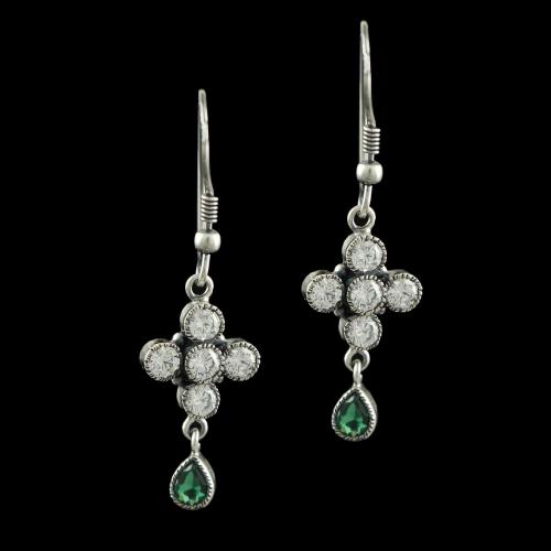 OXIDIZED SILVER CZ AND GREEN PEAR BEADS EARRINGS