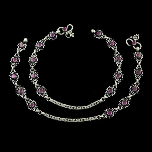 OXIDIZED SILVER RUBY STONE ANKLETS