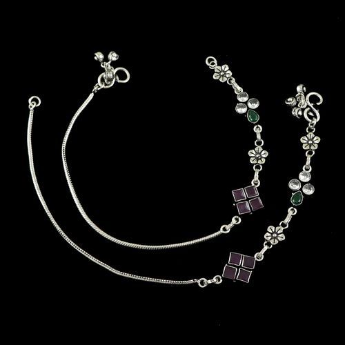 OXIDIZED SILVER SEMI PRECIOUS STONE ANKLETS