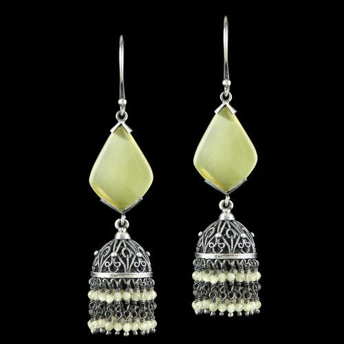OXIDIZED SILVER JHUMKA EARRINGS WITH MONALISA STONES