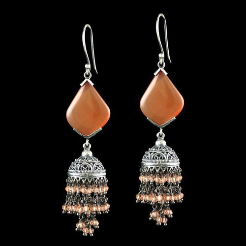 OXIDIZED SILVER JHUMKA EARRINGS WITH MONALISA STONES