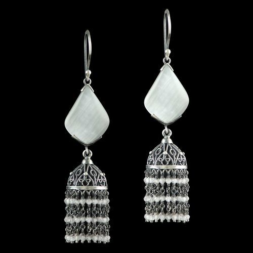 OXIDIZED SILVER JHUMKA EARRINGS WITH MONALISA STONES