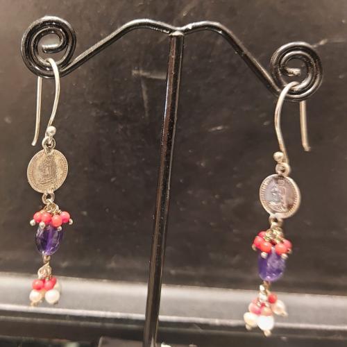 STERLING SILVER COIN AMETHYST AND PEARL BEADS EARRINGS