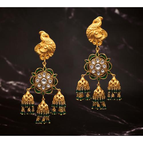 GOLD PLATED FLORAL KUNDAN EARRINGS WITH JADE BEADS