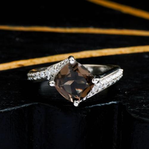 STERLING SILVER SMOKY QUARTZ AND CZ RING