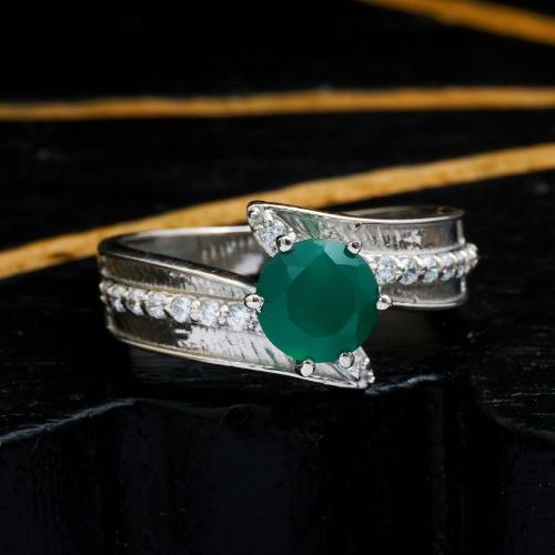 STERLING SILVER GREEN ONYX AND CZ RING