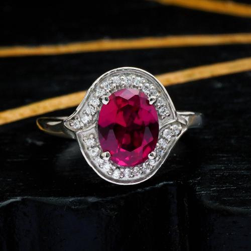 STERLING SILVER RED CORUNDUM AND CZ RING