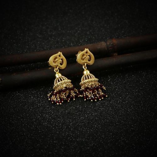 GOLD PLATED JHUMKA WITH RED HYDRO BEADS