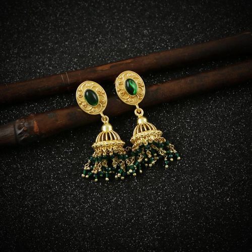 GOLD PLATED JHUMKA WITH GREEN HYDRO BEADS