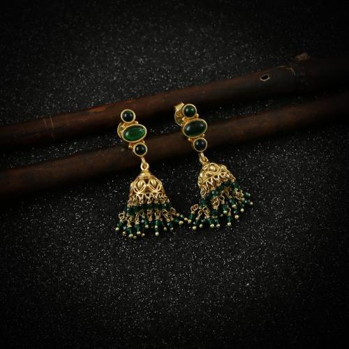 GOLD PLATED JHUMKA WITH GREEN HYDRO BEADS