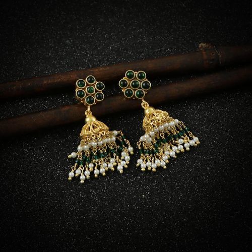 GOLD PLATED JHUMKA WITH GREEN HYDRO AND PEARL BEADS