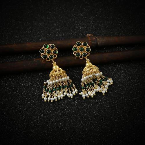 GOLD PLATED JHUMKA WITH GREEN HYDRO AND PEARL BEADS