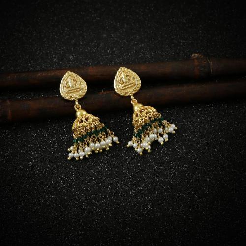 GOLD PLATED JHUMKA WITH GREEN HYDRO AND PEARL BEADS