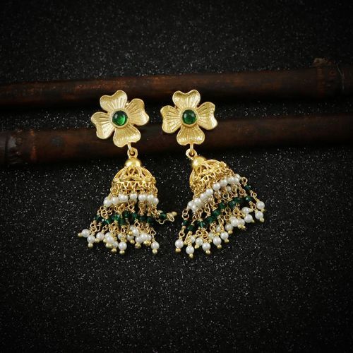GOLD PLATED JHUMKA WITH GREEN HYDRO AND PEARL BEADS