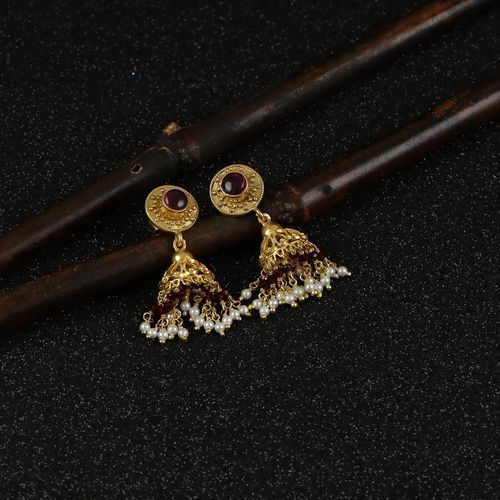 GOLD PLATED JHUMKA WITH RED HYDRO AND PEARL BEADS