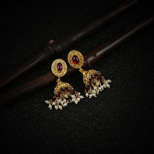 GOLD PLATED JHUMKA WITH RED HYDRO AND PEARL BEADS
