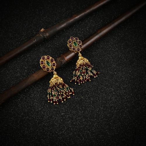 GOLD PLATED JHUMKA WITH RED AND GREEN HYDRO BEADS