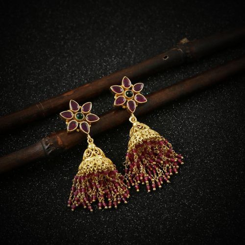 GOLD PLATED JHUMKA WITH RED AND GREEN BEADS